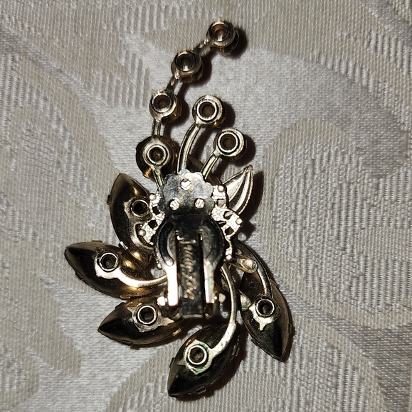 JUDY LEE Vintage 50s Brooch & Clip-On Earrings Set Gold Leaf Aurora Rhinestones - Picture 5 of 14